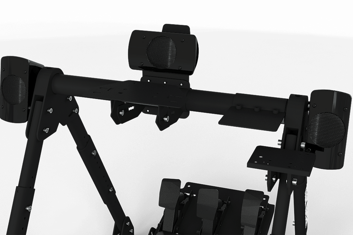 3-Piece Speaker Mount Kit for NexusRig Fold Wheel Stand & Aluminium Profile Rigs – black steel 3-piece speaker mount kit on a sim racing wheel stand – photo 2 of 3