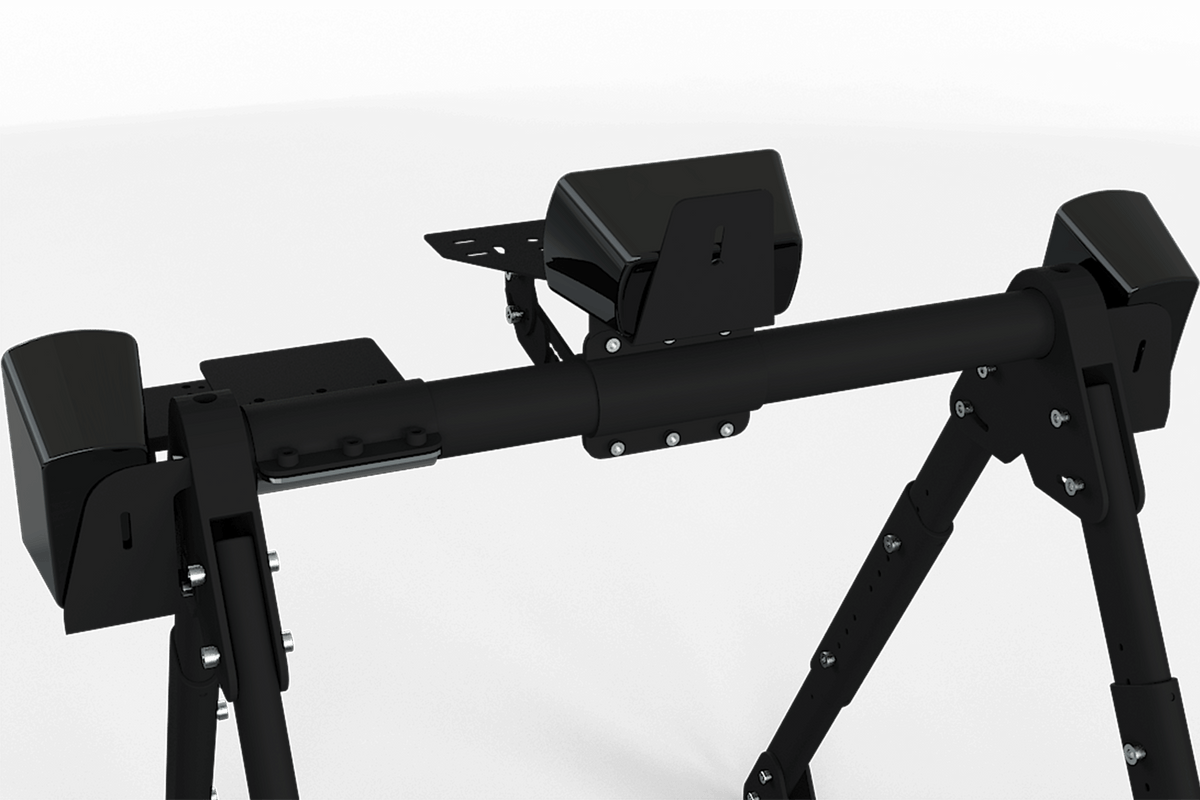3-Piece Speaker Mount Kit for NexusRig Fold Wheel Stand & Aluminium Profile Rigs – black steel 3-piece speaker mount kit on a sim racing wheel stand – photo 3 of 3