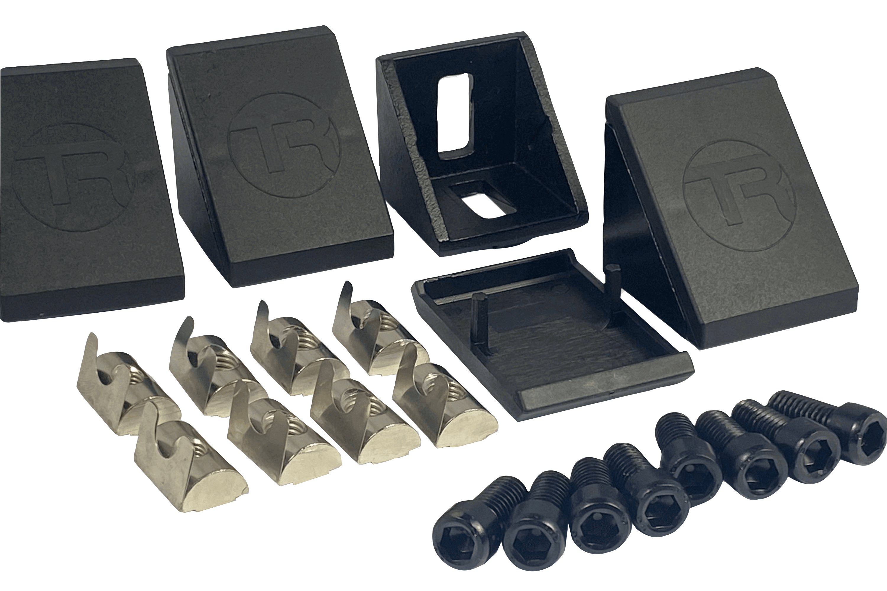 40 mm Aluminium Corner Brackets with Covers for 8 mm Slot Profile – Set of 4, Black Anodised – black anodised 40 mm corner brackets with covers – photo 1 of 8