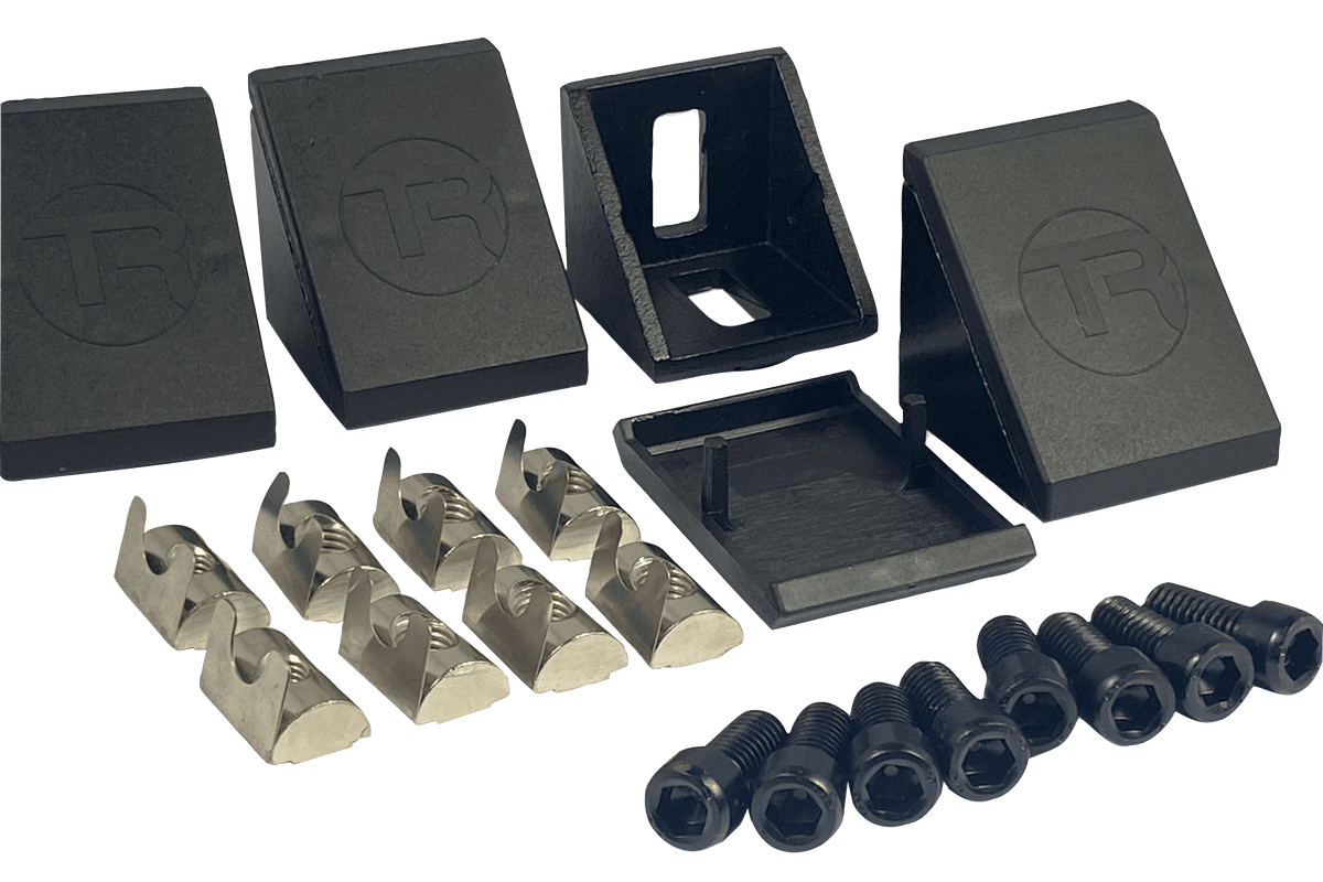 40 mm Aluminium Corner Brackets with Covers for 8 mm Slot Profile – Set of 4, Black Anodised – black anodised 40 mm corner brackets with covers – photo 1 of 8