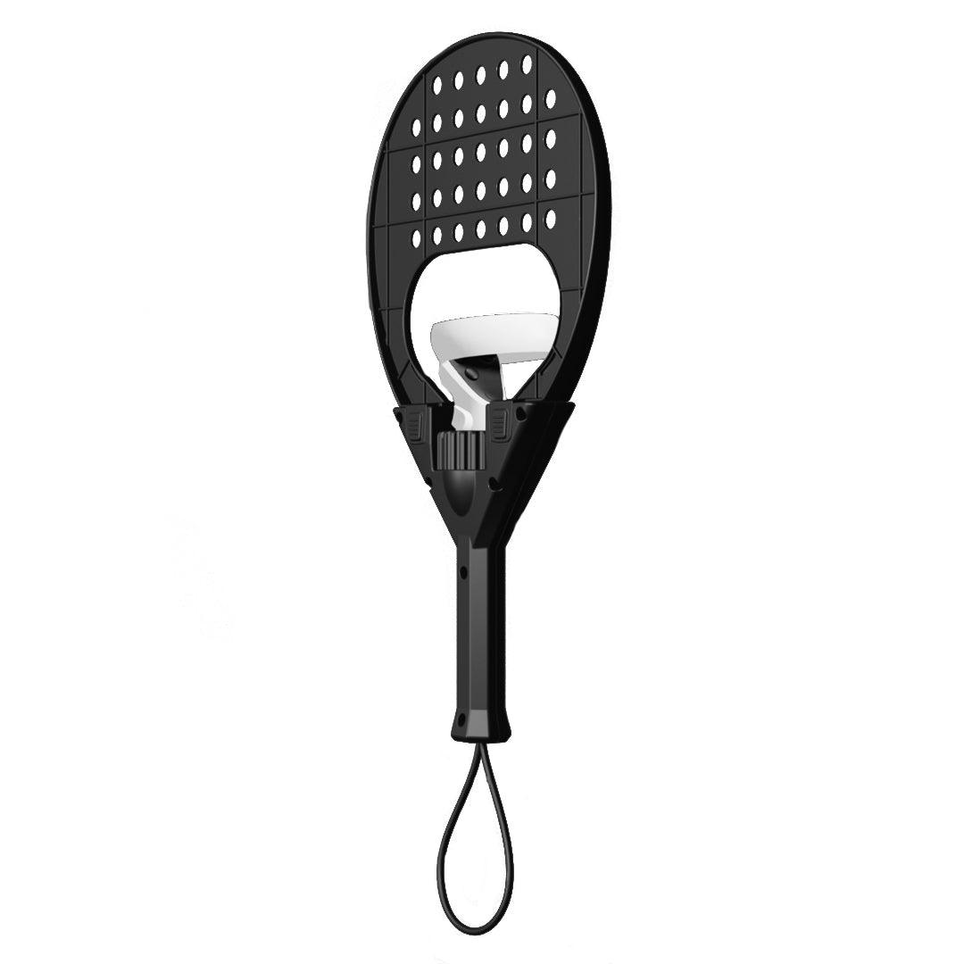 VR padel racket mounted on a Meta Quest controller, angled view – Metanexus XR