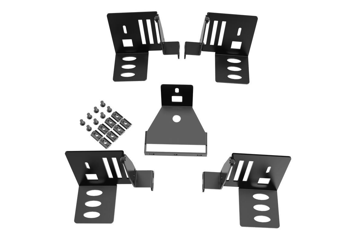 5-Speaker Mount Kit for Aluminium Profile Sim Rigs – Surround Sound Brackets, Matte Black Steel – five speaker mount brackets on an aluminium profile sim rig – photo 1 of 6