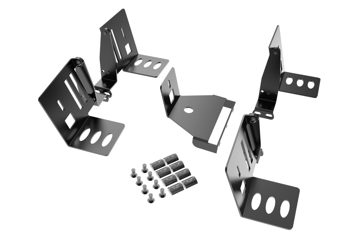 5-Speaker Mount Kit for Aluminium Profile Sim Rigs – Surround Sound Brackets, Matte Black Steel – five speaker mount brackets on an aluminium profile sim rig – photo 2 of 6
