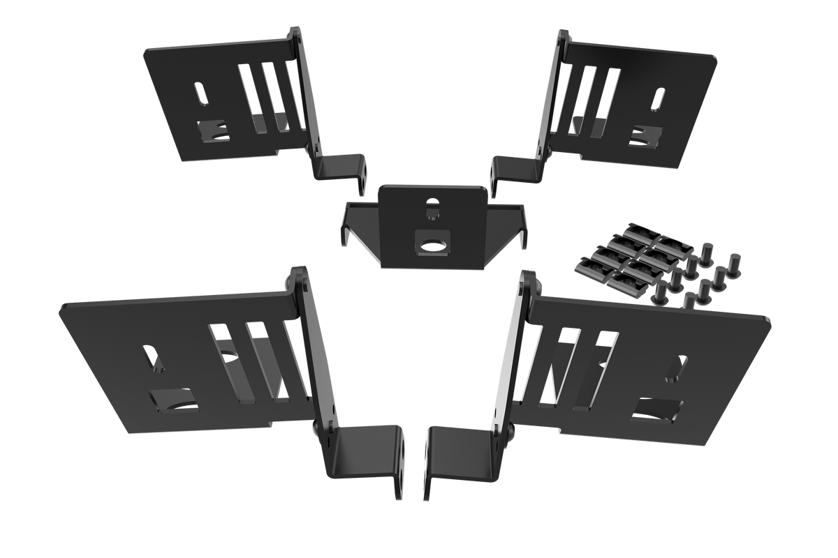 5-Speaker Mount Kit for Aluminium Profile Sim Rigs – Surround Sound Brackets, Matte Black Steel – five speaker mount brackets on an aluminium profile sim rig – photo 5 of 6