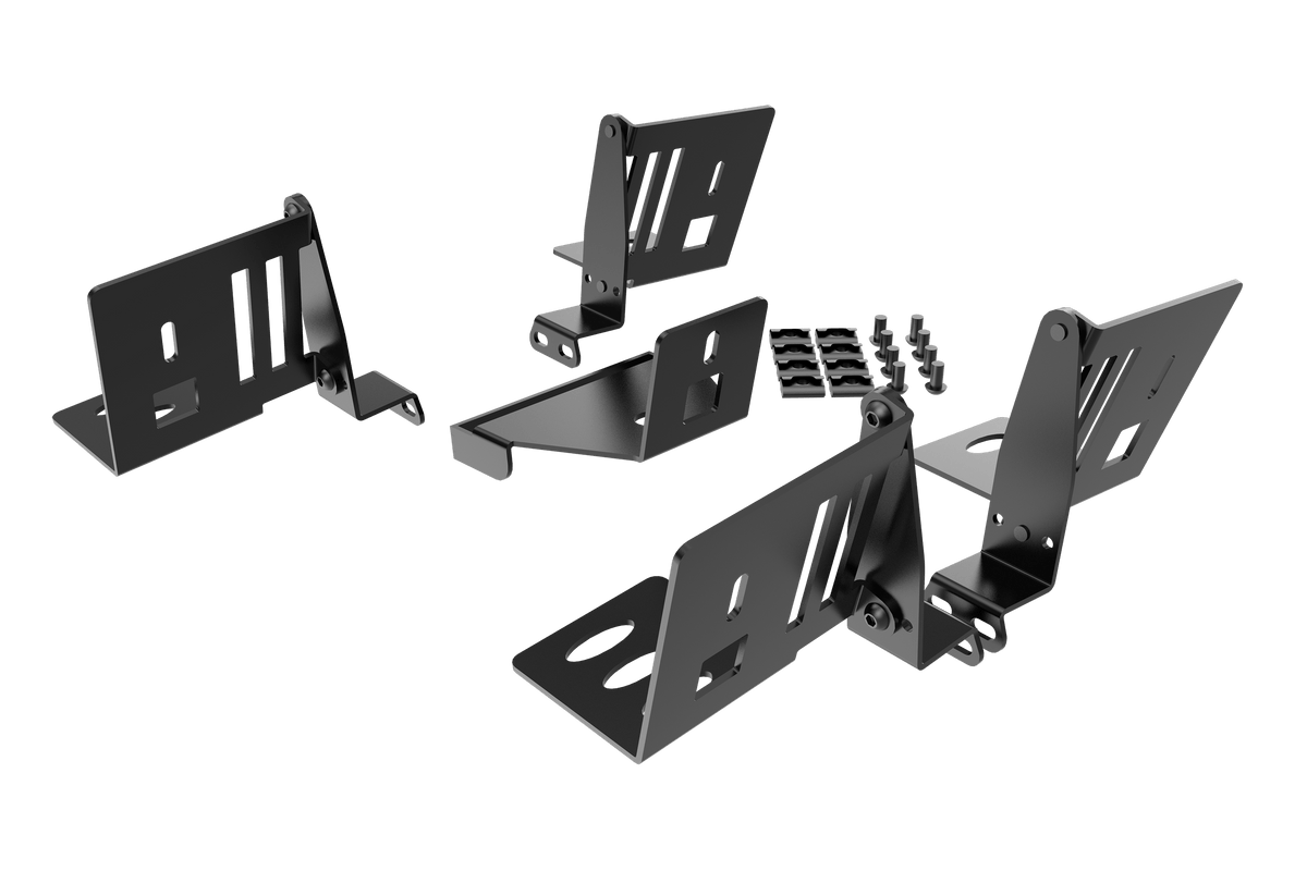 5-Speaker Mount Kit for Aluminium Profile Sim Rigs – Surround Sound Brackets, Matte Black Steel – five speaker mount brackets on an aluminium profile sim rig – photo 6 of 6