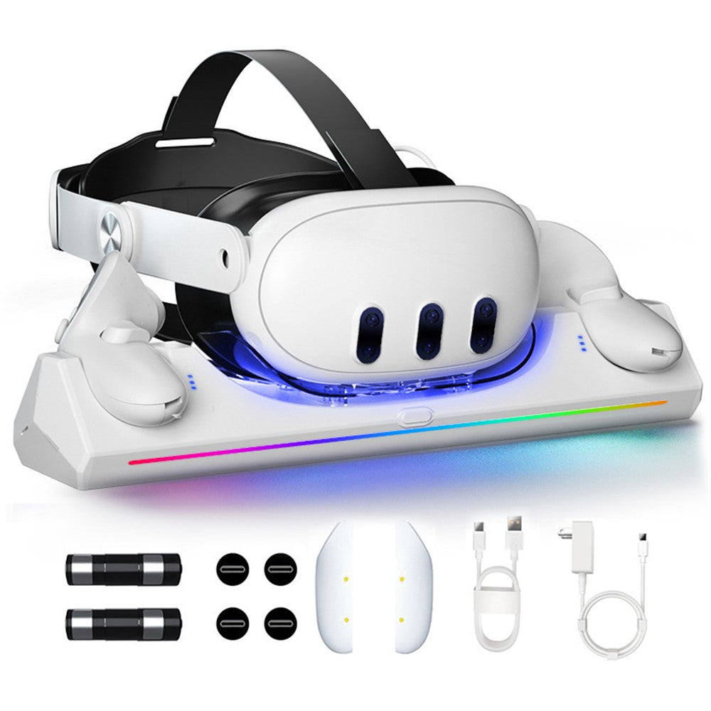 Meta Quest 3 charging dock with headset docked and RGB base lit