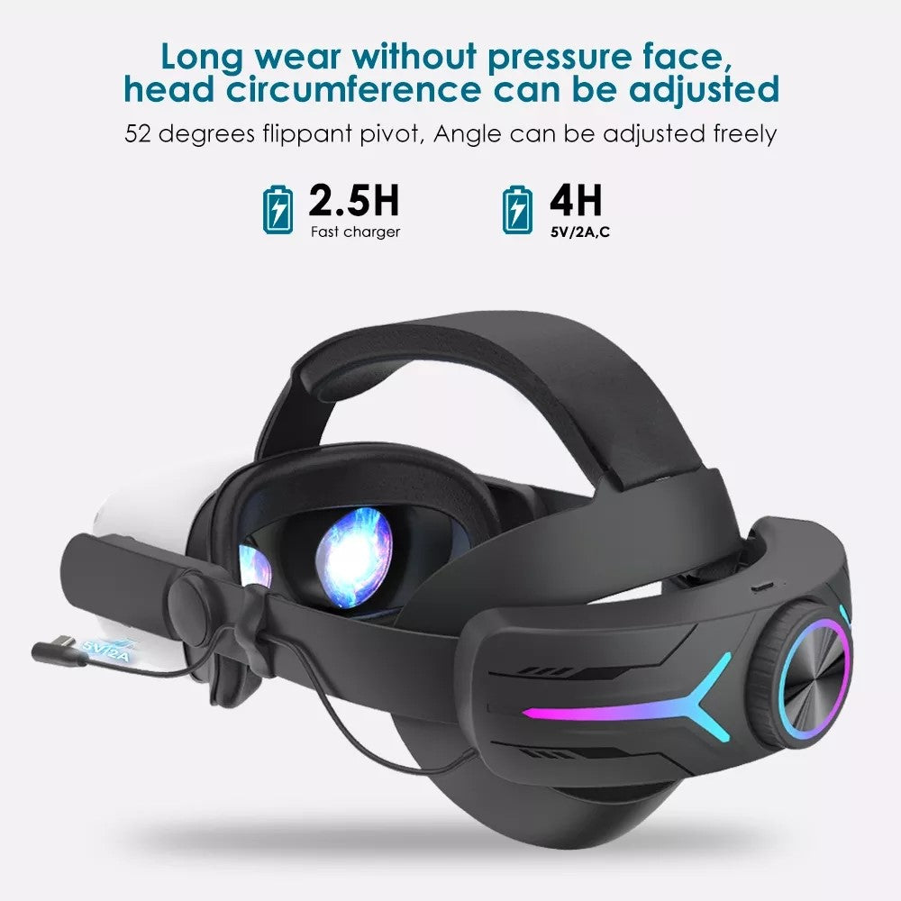 Oculus Quest 2 battery head strap fitted to a Quest 2 headset, side profile