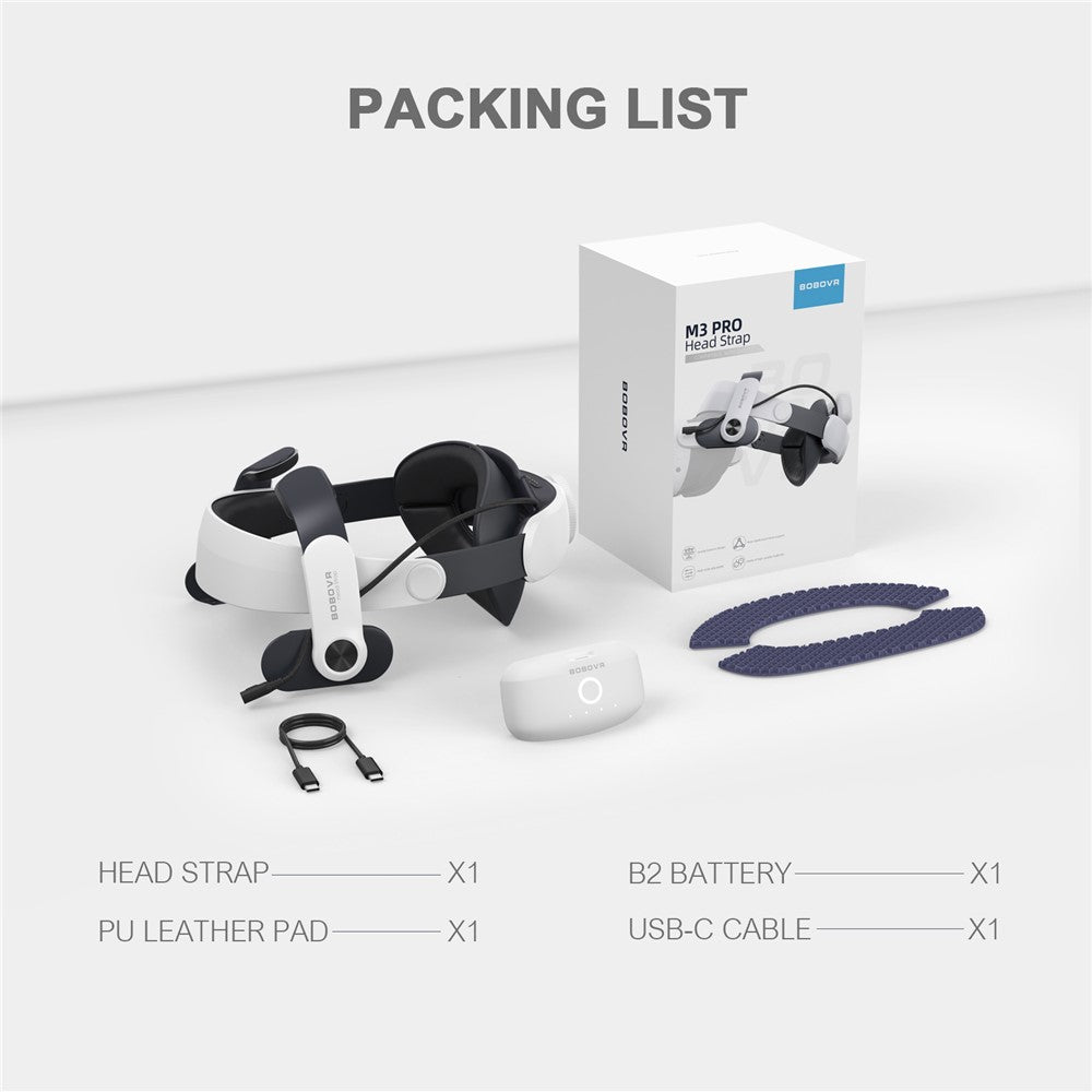 BOBOVR M3 Pro head strap with B2 battery, leather pads and USB-C cable from the box