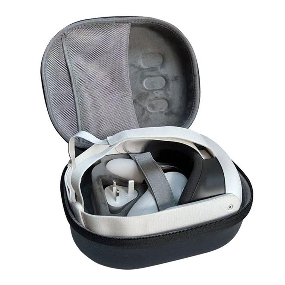 Quest 3 EVA coral fleece case size reference next to headset - Metanexus XR