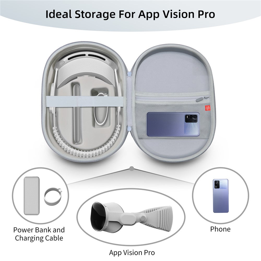 JYS grey linen Vision Pro case size reference next to Apple Vision Pro headset - Metanexus XR