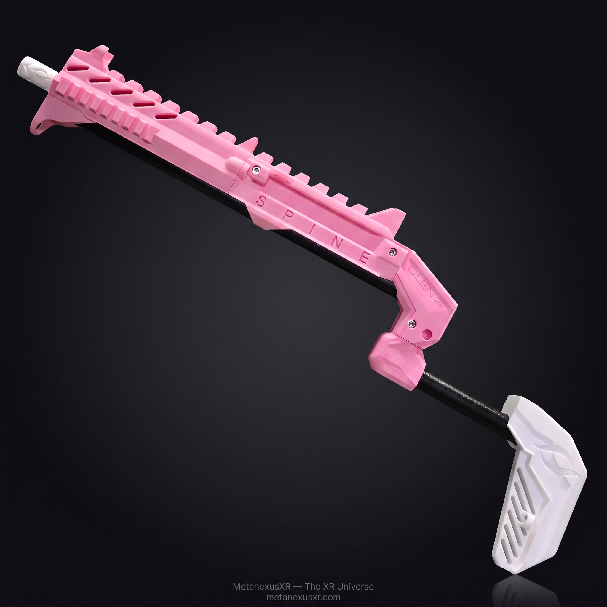 Pink magnetic VR gun stock for Quest 3 on the SPINE frame - MetanexusXR MNX-GST-SPINE-PNK