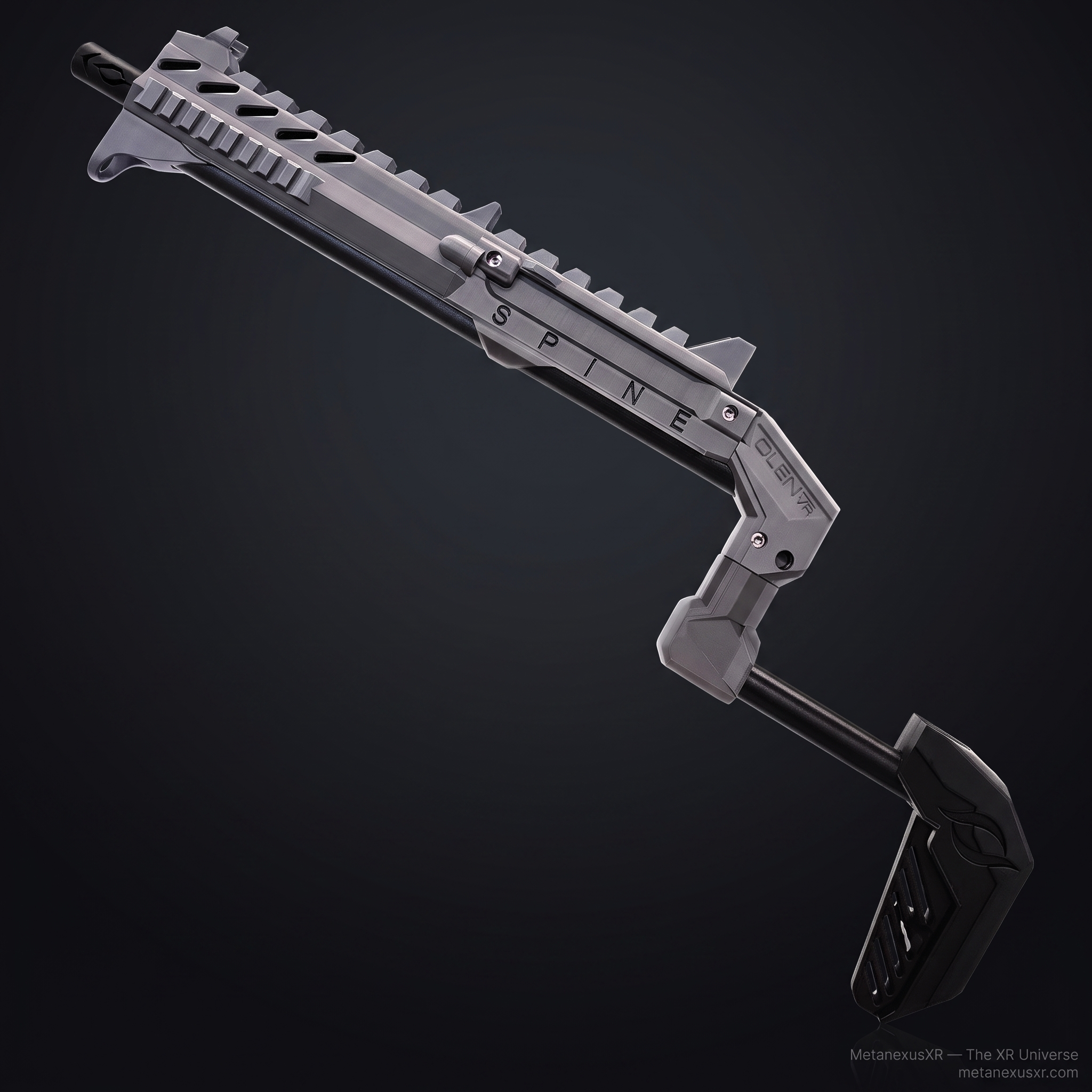 Smoke grey magnetic VR gun stock for Quest 3 on the SPINE frame - MetanexusXR MNX-GST-SPINE-SMK