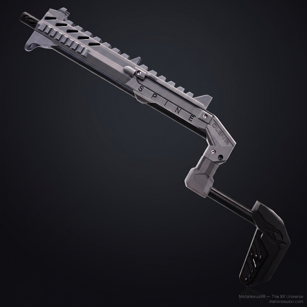 Smoke grey magnetic VR gun stock for Quest 3 on the SPINE frame - MetanexusXR MNX-GST-SPINE-SMK