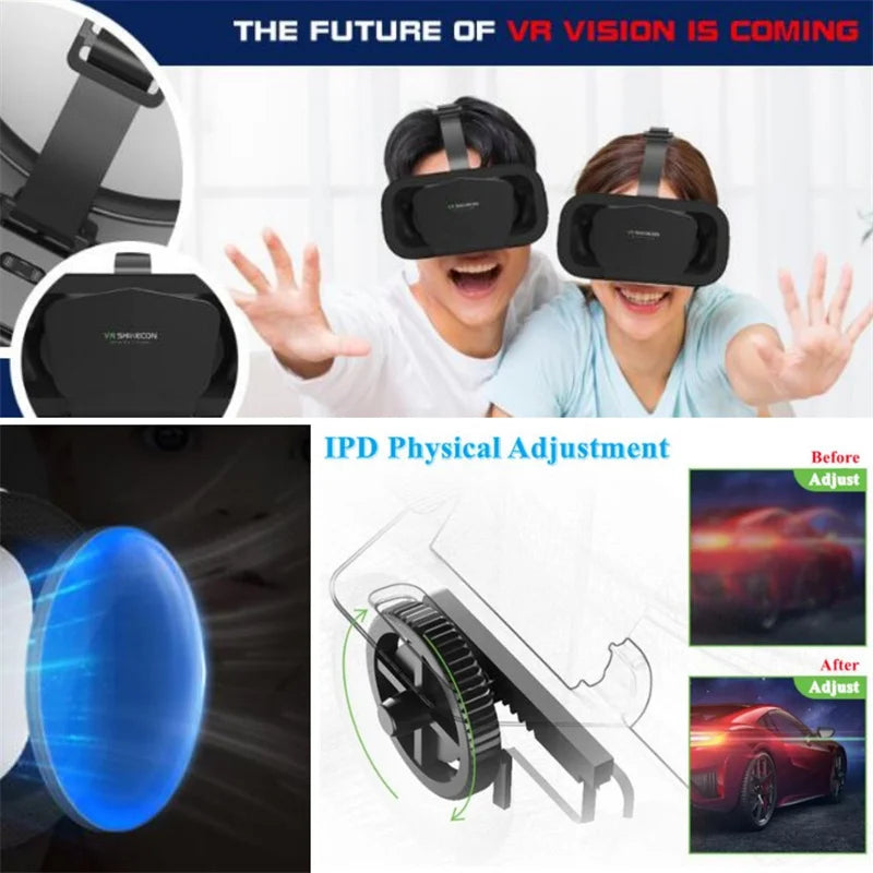 Three-quarter angle of the Wide-FOV VR headset for phone (under 350g) showing the adjustable head strap | MetaNexusXR