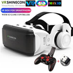 Front view of the VR headset with full wireless gamepad bundle, dual lenses and phone tray visible | MetaNexusXR
