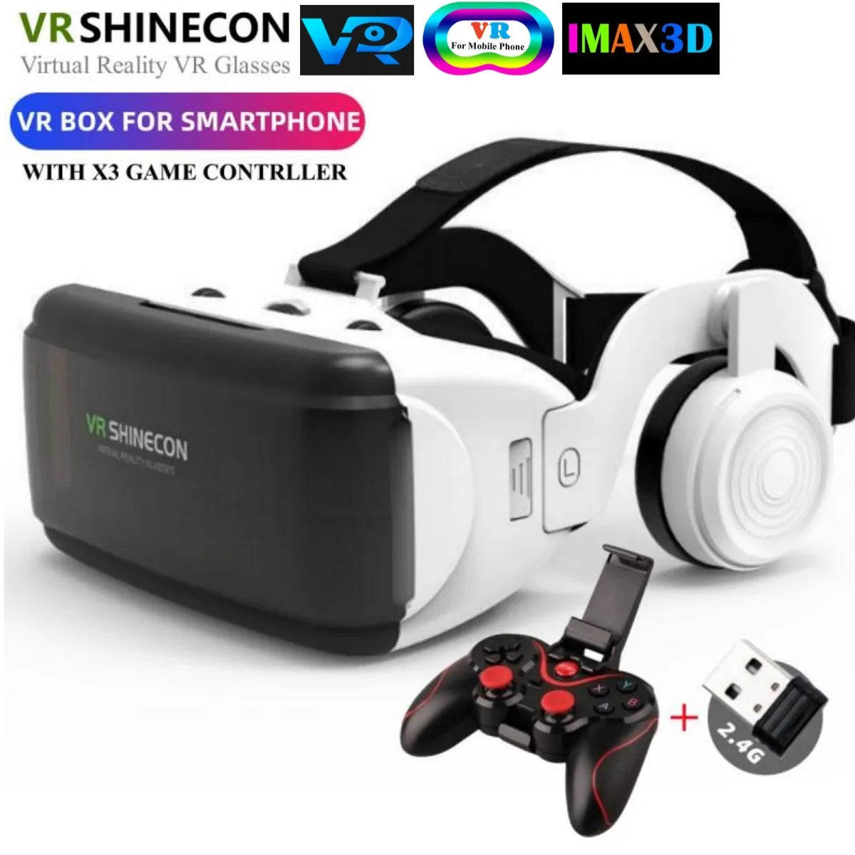 Front view of the VR headset with full wireless gamepad bundle, dual lenses and phone tray visible | MetaNexusXR