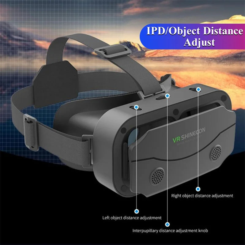 Three-quarter angle of the Giant-Screen 3D Viewer, glasses-friendly VR headset showing the adjustable head strap | MetaNexusXR