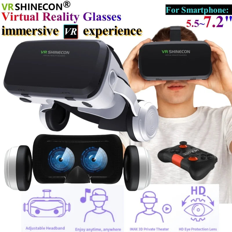 Front view of the VR headset with built-in headphones and mic, dual lenses and phone tray visible | MetaNexusXR
