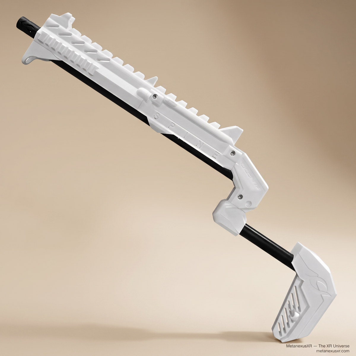 Ghost white VR gun stock side profile, SPINE two-hand frame - MetanexusXR