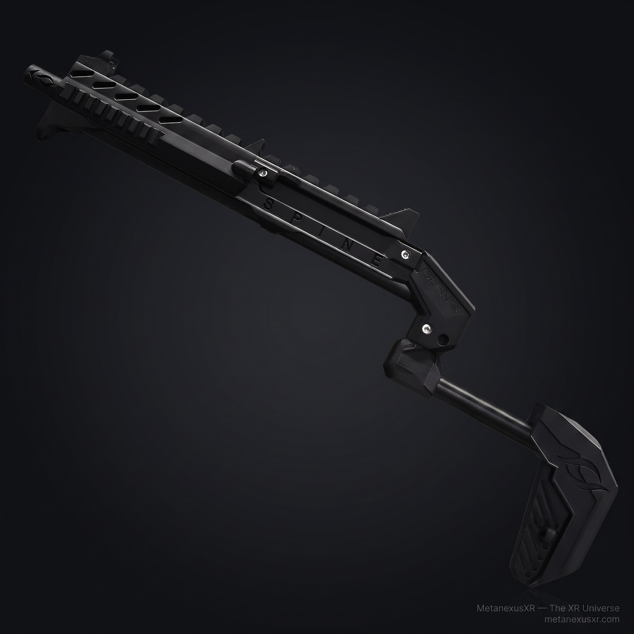 Matte black magnetic VR gun stock for Quest 3 on the SPINE frame - MetanexusXR MNX-GST-SPINE-OBS