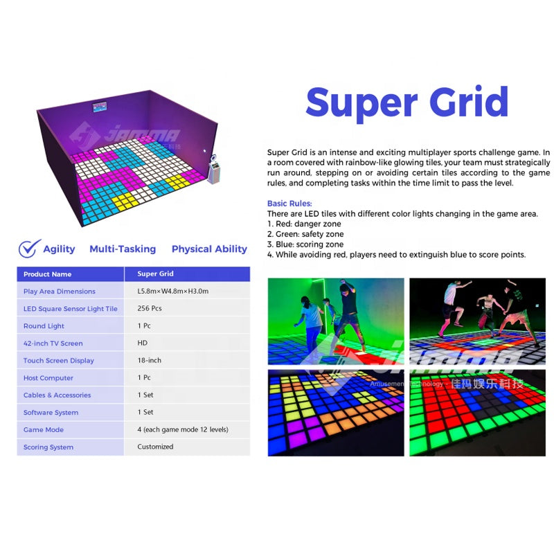 MetaNexusXR's vibrant LED dance floor with activated grid tiles, perfect for interactive touch games. | MetaNexusXR