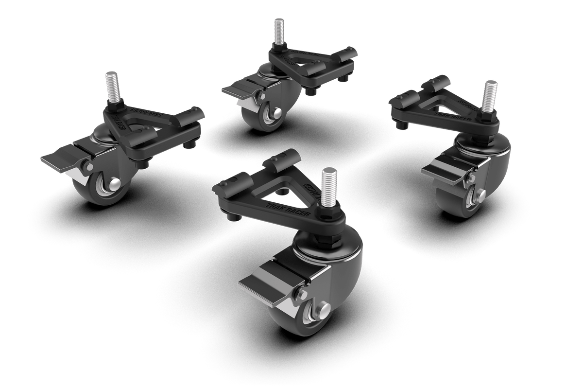 Commercial-Grade Caster Wheels with Brakes for Aluminium Profile Sim Rigs – Set of 4, 60 kg per Wheel – commercial-grade caster wheels with brakes under an aluminium sim rig – photo 1 of 3
