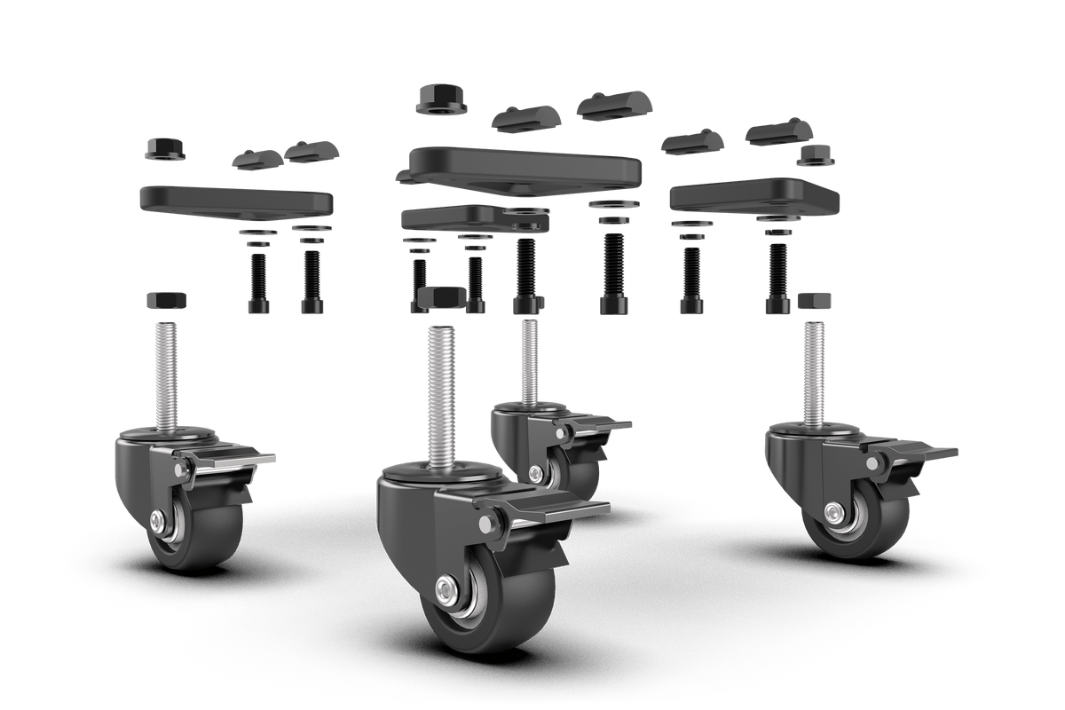 Commercial-Grade Caster Wheels with Brakes for Aluminium Profile Sim Rigs – Set of 4, 60 kg per Wheel – commercial-grade caster wheels with brakes under an aluminium sim rig – photo 2 of 3