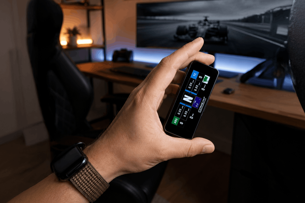 Compact Sim Racing Dashboard – 2.99 Inch Telemetry Display, SimHub Ready, USB-C – compact 2.99 inch sim racing telemetry dashboard above a wheel base – photo 2 of 14