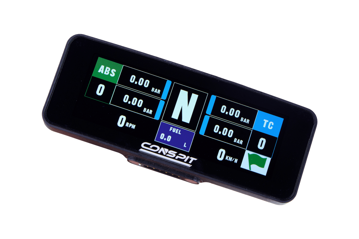 Compact Sim Racing Dashboard – 2.99 Inch Telemetry Display, SimHub Ready, USB-C – compact 2.99 inch sim racing telemetry dashboard above a wheel base – photo 3 of 14