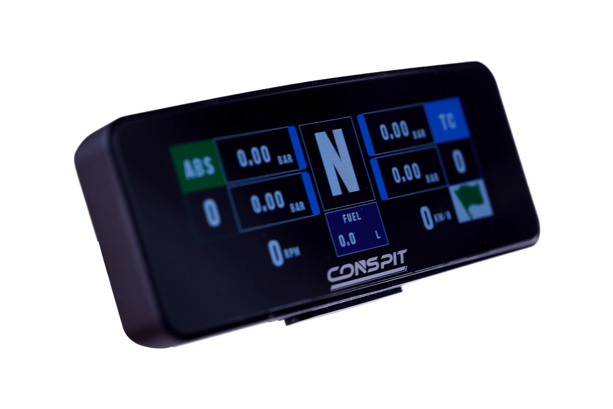 Compact Sim Racing Dashboard – 2.99 Inch Telemetry Display, SimHub Ready, USB-C – compact 2.99 inch sim racing telemetry dashboard above a wheel base – photo 4 of 14