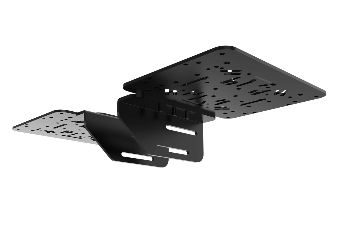 Dual HOTAS Mounts for NexusRig Fold & Aluminium Profile Rigs – Left & Right Joystick and Throttle Plates – left and right HOTAS mounts fitted to a foldable flight sim stand – photo 1 of 5