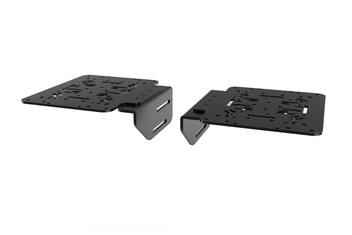 Dual HOTAS Mounts for NexusRig Fold & Aluminium Profile Rigs – Left & Right Joystick and Throttle Plates – left and right HOTAS mounts fitted to a foldable flight sim stand – photo 2 of 5