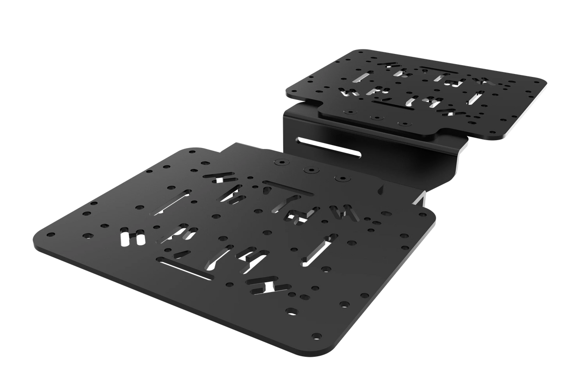 Dual HOTAS Mounts for NexusRig Fold & Aluminium Profile Rigs – Left & Right Joystick and Throttle Plates – left and right HOTAS mounts fitted to a foldable flight sim stand – photo 3 of 5