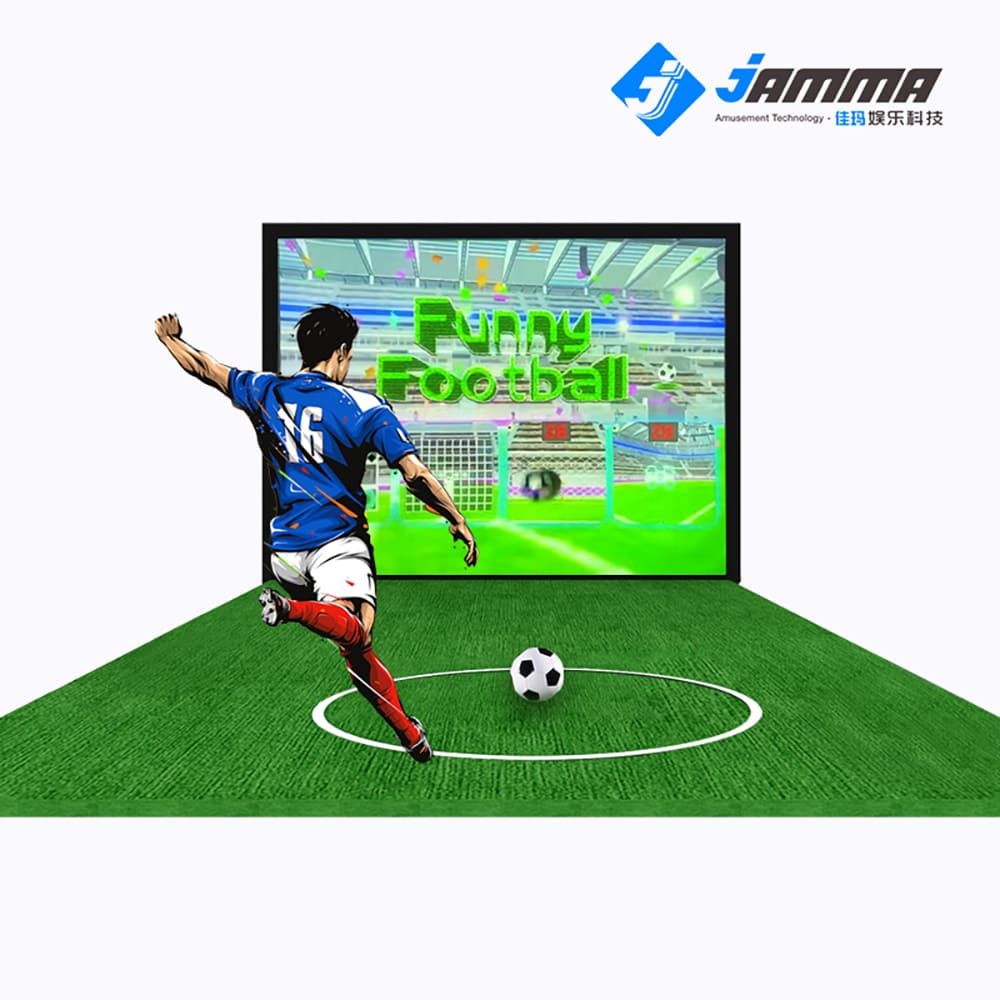MetaNexusXR interactive projection football simulator: player kicking at a dynamic virtual goal during a penalty shootout. | MetaNexusXR