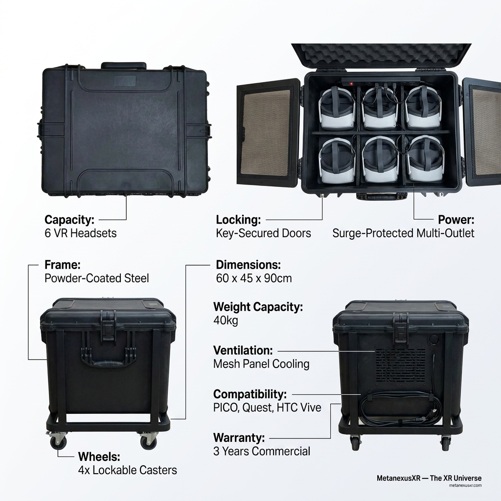 Charging trolley for 6 PICO VR headsets, rolling wheels detail - MetanexusXR