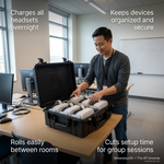 Charging trolley for 6 PICO VR headsets, top-down view of compartments - MetanexusXR
