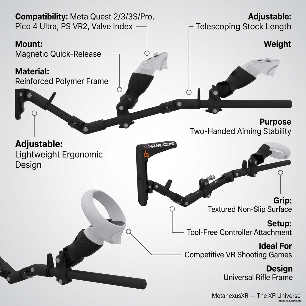 Carbon fibre VR gun stock for Quest 3 - three-section articulated rifle frame - MetanexusXR MNX-GST-IRON-U