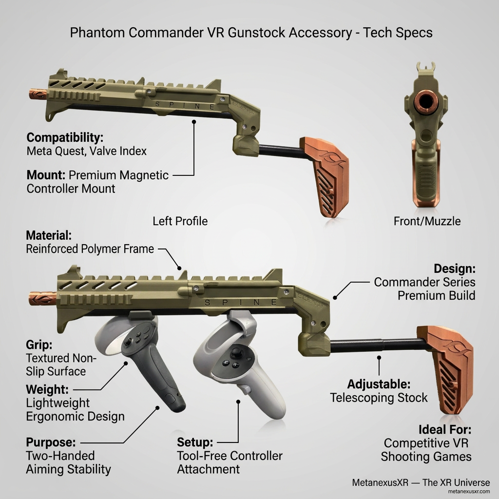 Phantom VR gun stock for Quest 3 with both Touch controllers on magnetic mounts, Graphite finish - MetanexusXR MNX-GST-PHNTM
