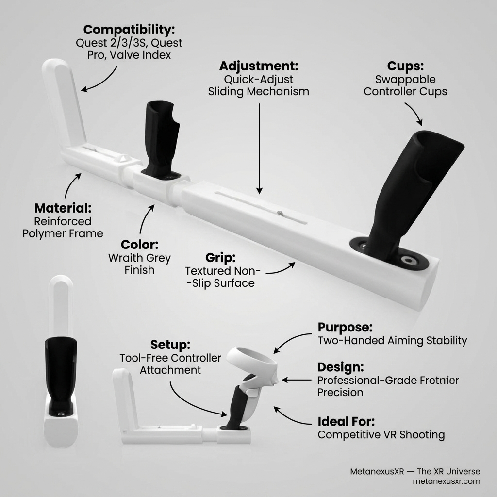 Grey quick-adjust VR gun stock with swappable controller cups, gunmetal finish - MetanexusXR MNX-GST-VNGRD-WRT