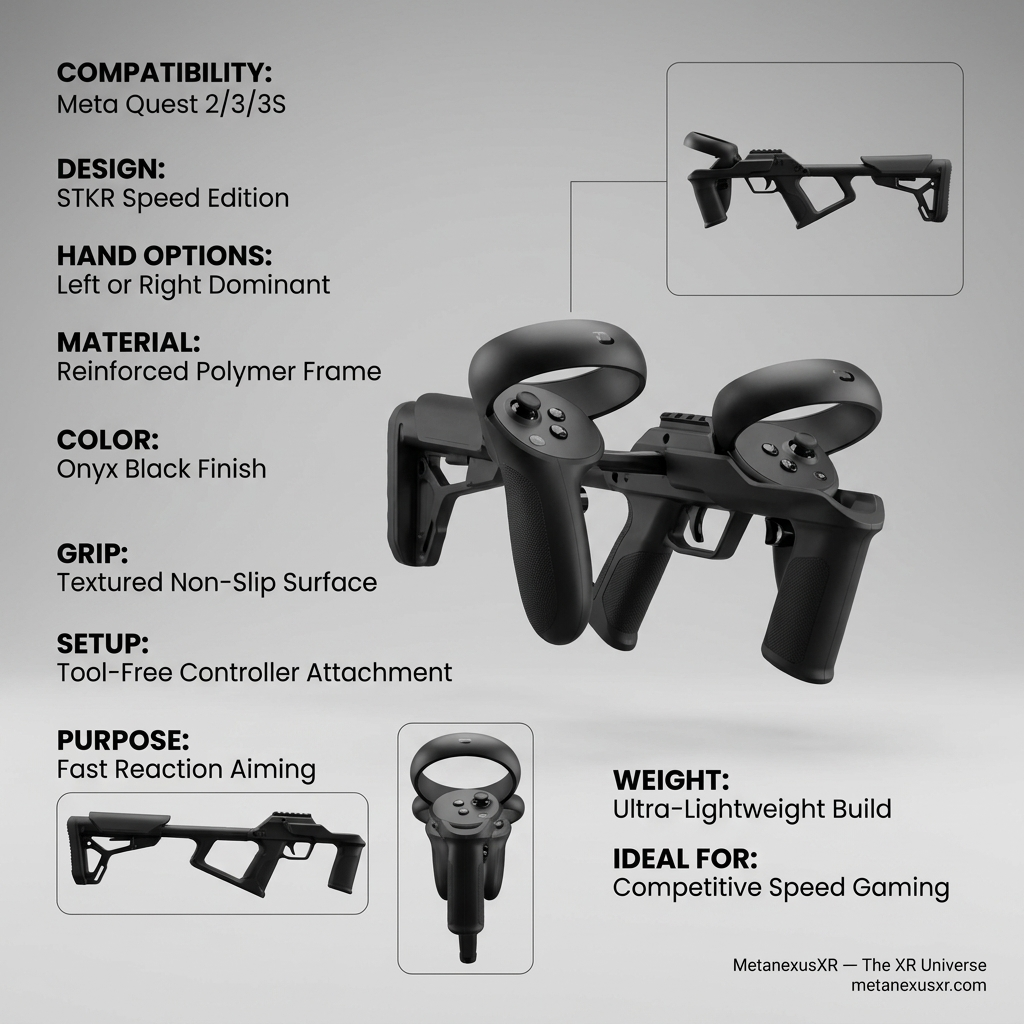 Lightweight VR gun stock for Quest 3, a 0.7 lb slim two-hand frame in Onyx - MetanexusXR MNX-GST-STRIKE