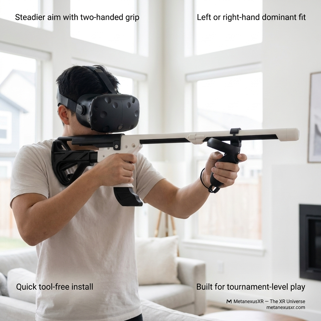 Esports VR rifle stock rear view with the extended buttstock and cheek weld - MetanexusXR