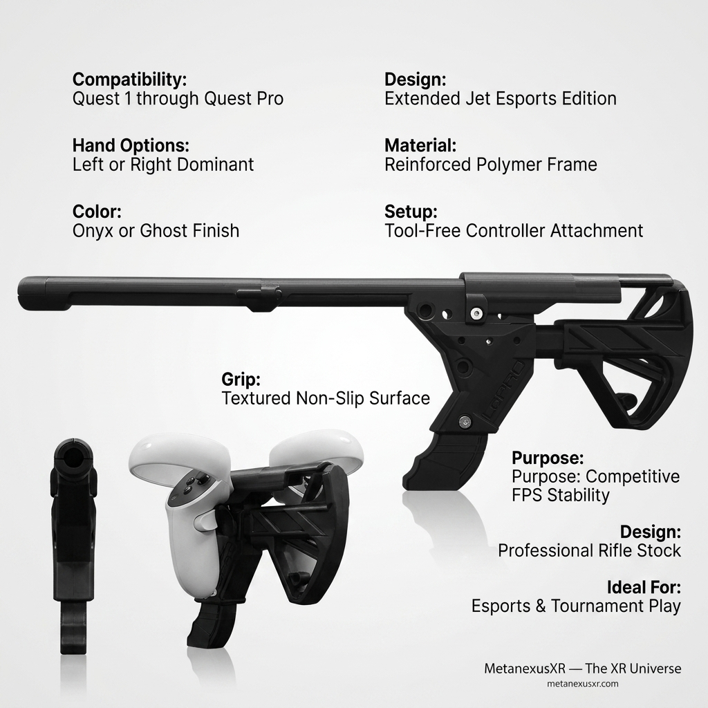 Extended VR rifle stock for Quest 3 on the Sentinel frame - MetanexusXR MNX-GST-SENT-EXJ