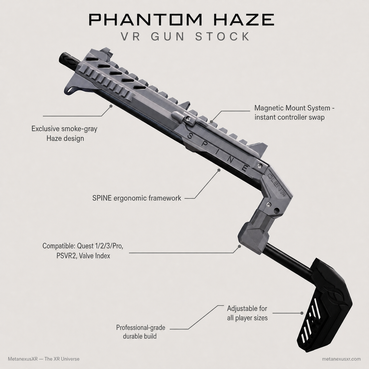 Magnetic controller mount on the smoke grey SPINE VR gun stock - MetanexusXR