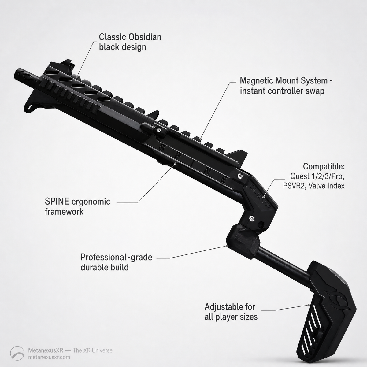 Magnetic controller mount on the matte black SPINE VR gun stock - MetanexusXR