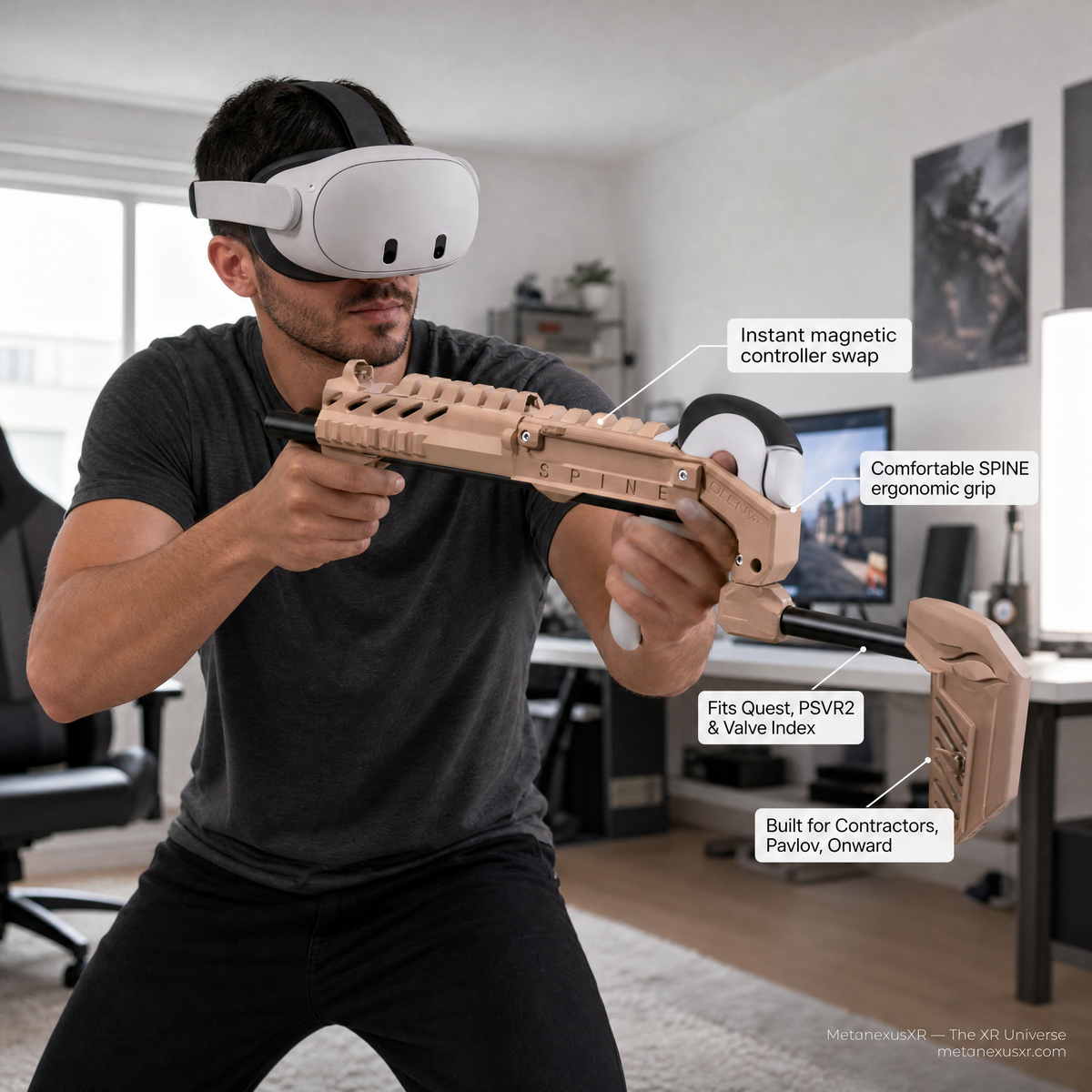 Desert tan VR gun stock for Quest 2 with Touch controllers - MetanexusXR