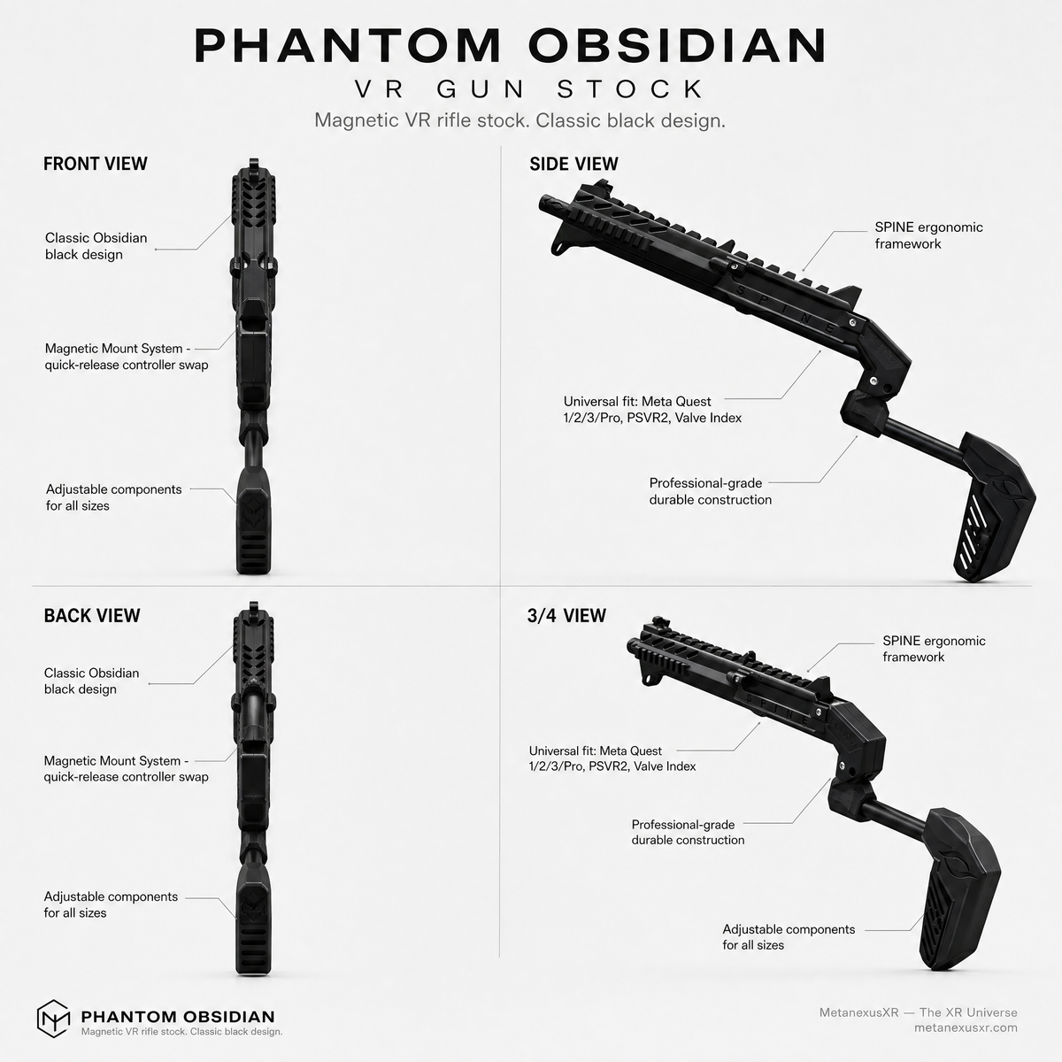 Matte black VR gun stock rear view with the telescoping stock - MetanexusXR