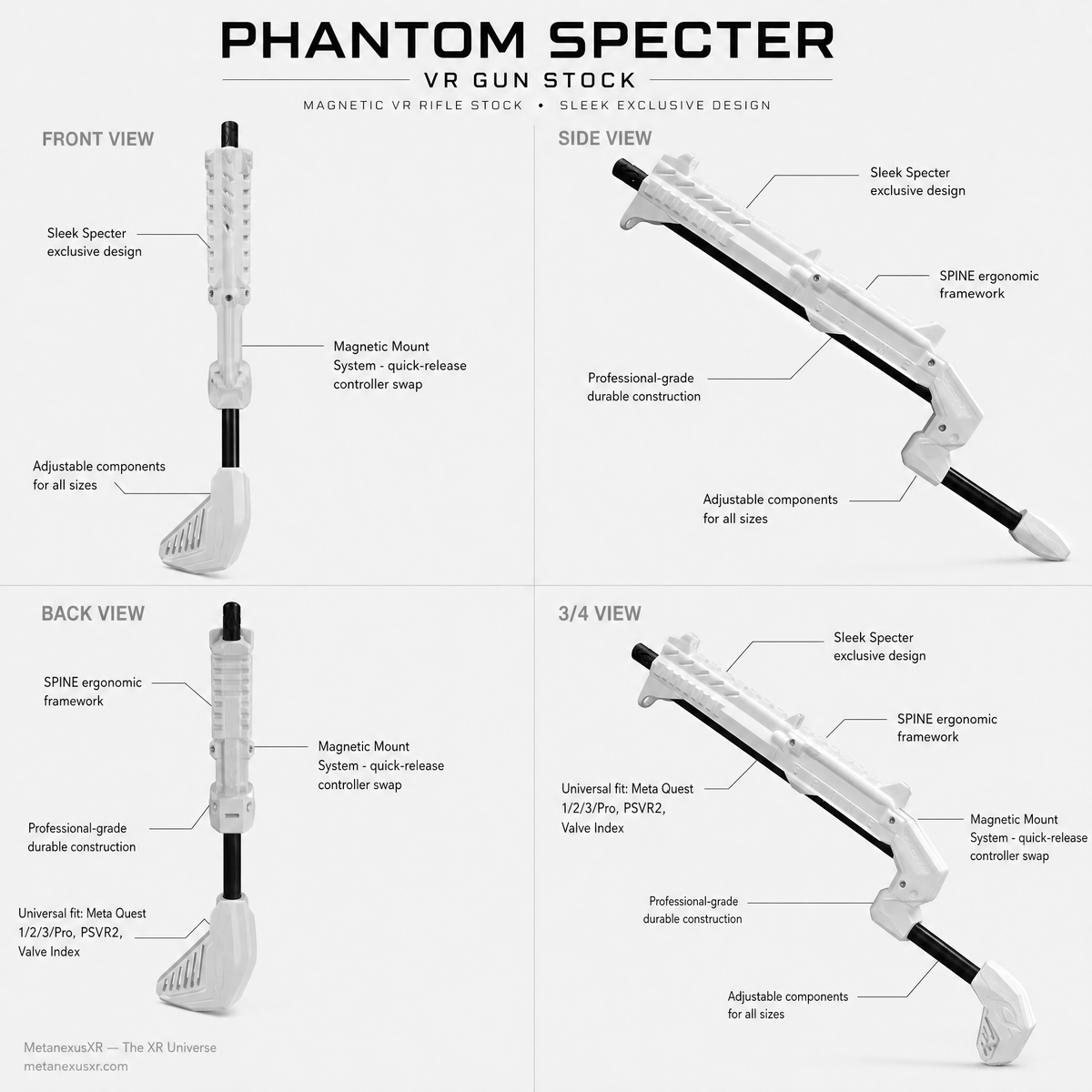 Ghost white VR gun stock rear view with the telescoping stock - MetanexusXR