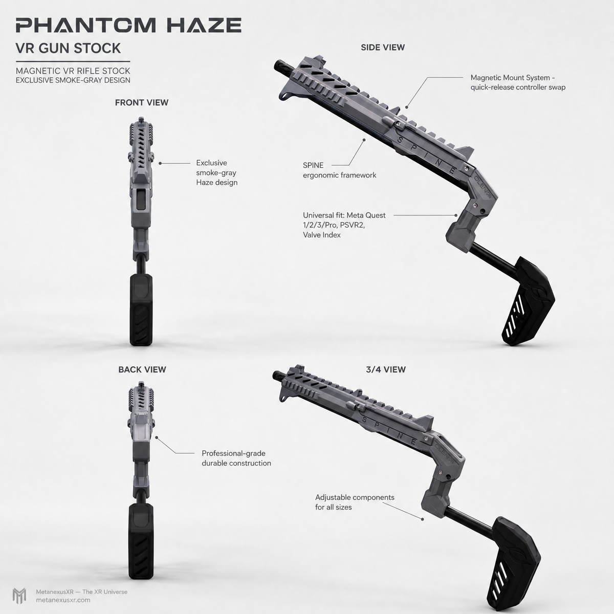 Smoke grey VR gun stock rear view with the telescoping stock - MetanexusXR