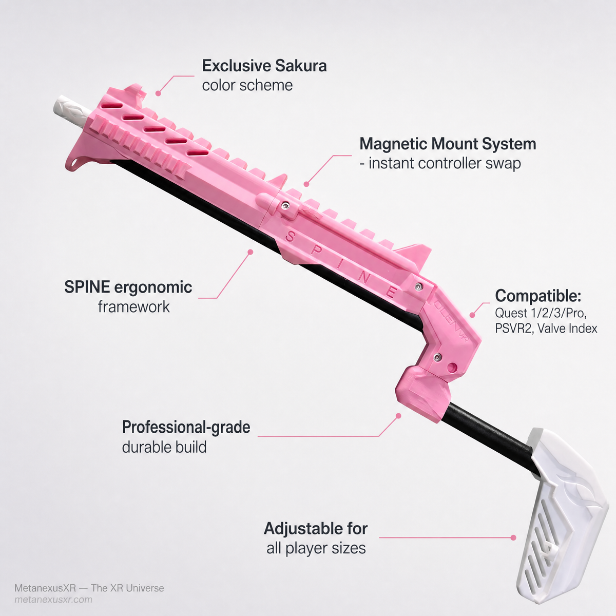 Magnetic controller mount on the pink SPINE VR gun stock - MetanexusXR