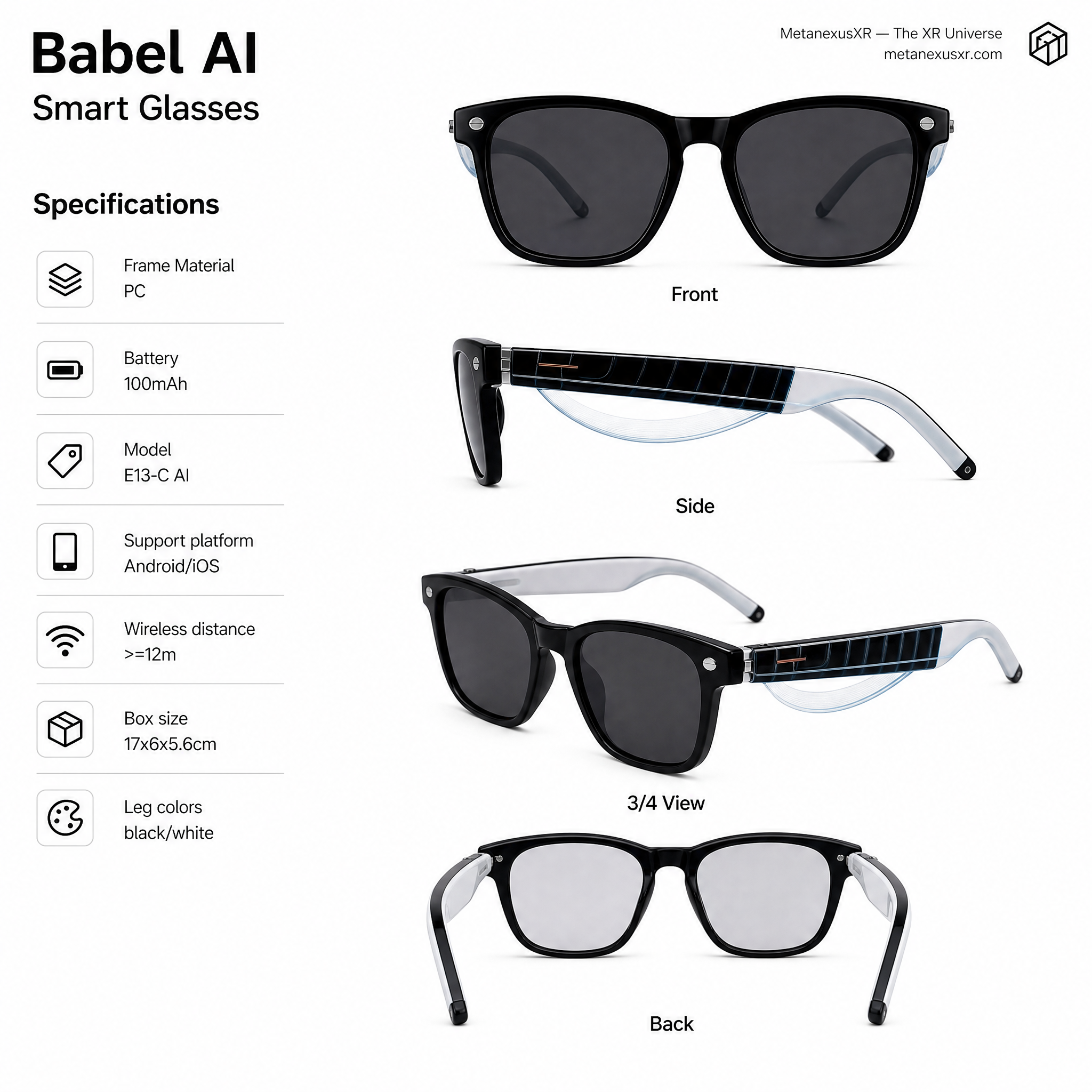 Babel translator glasses (E13-C, SKU MNX-SG-BABEL-E13C-BLK-SUN) – photo 1 of 9 | Metanexus XR
